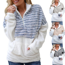 Fashion Plush New Zipper Long-Sleeved Color Matching Warm Sweater